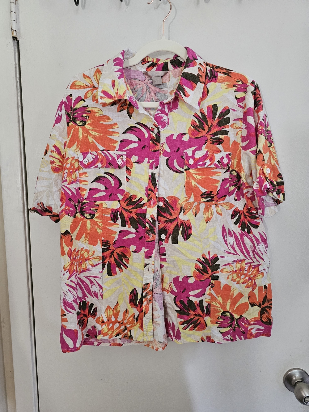 White Stag Floral Button-Down Shirt in Orange, Pink, Black on White - Picture 2 of 5